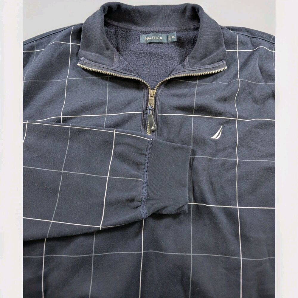 Nautica Fleece Sweater Men's XXL Blue Windowpane 1/4 Zip Pullover Logo Y2k
